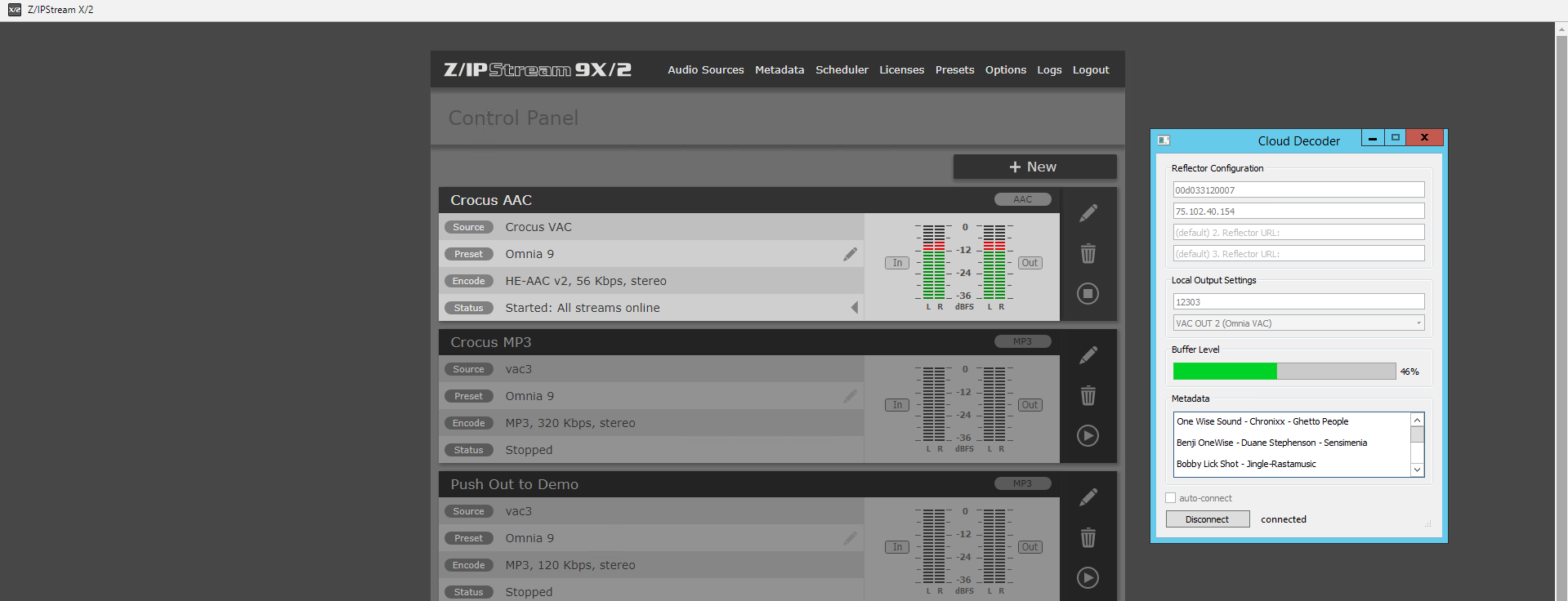 Omnia Z/IPStream 9X/2 software encoder screenshot showing the Uncompressed Gateway from Barix